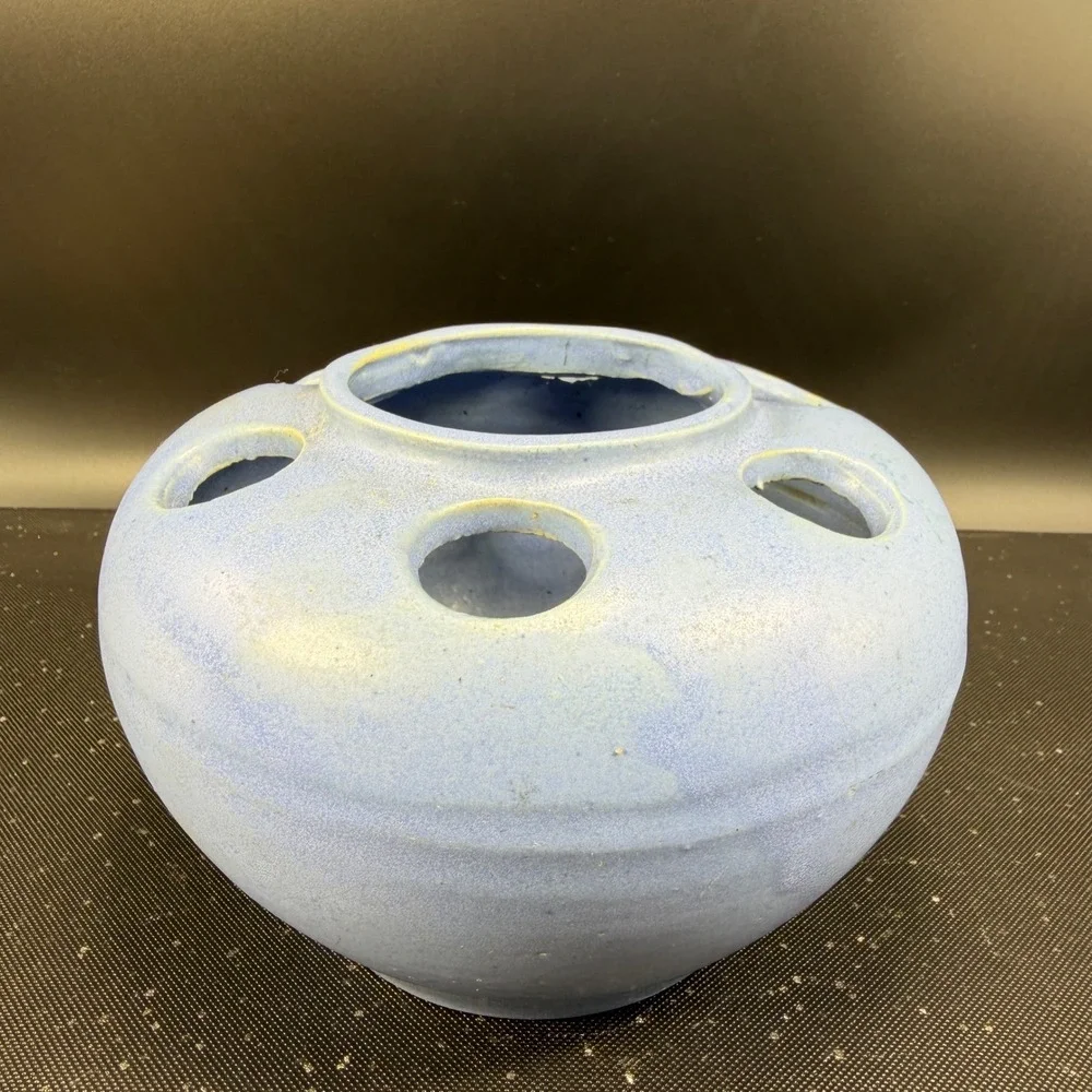 Antique Pale Blue Pottery Large Flower Frog 6-Hole Round Pottery Vase Vessel VTG